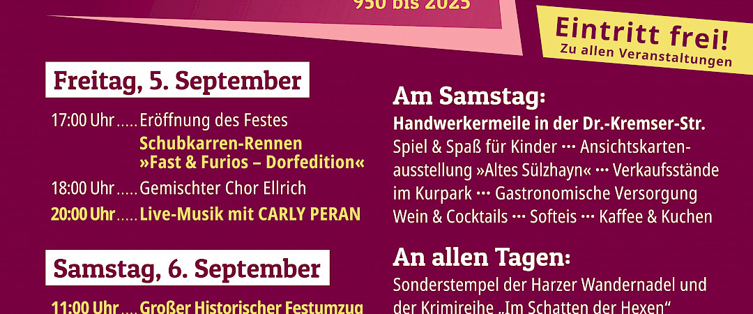 1075 Jahrfeier in Sülzhayn vom 5. - 7. September 2025