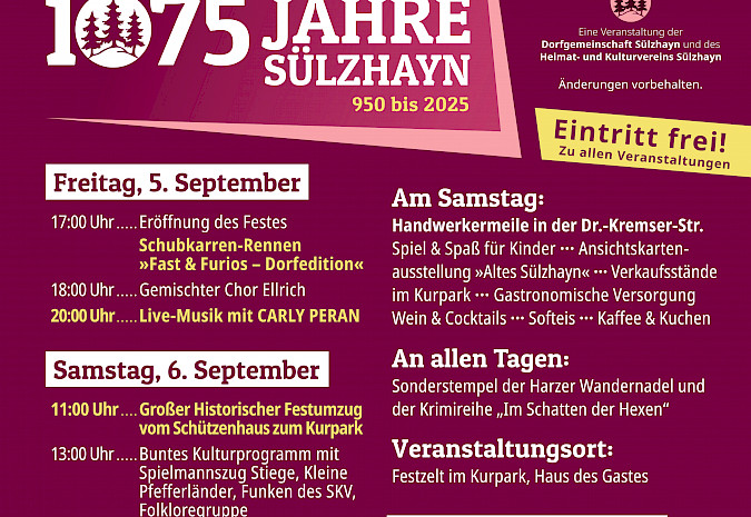 1075 Jahrfeier in Sülzhayn vom 5. - 7. September 2025